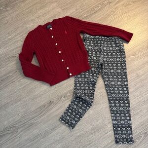 Polo Ralph Lauren Sz.6 Burgundy Cable Knit Button Sweater & Print Leggings Sz.6